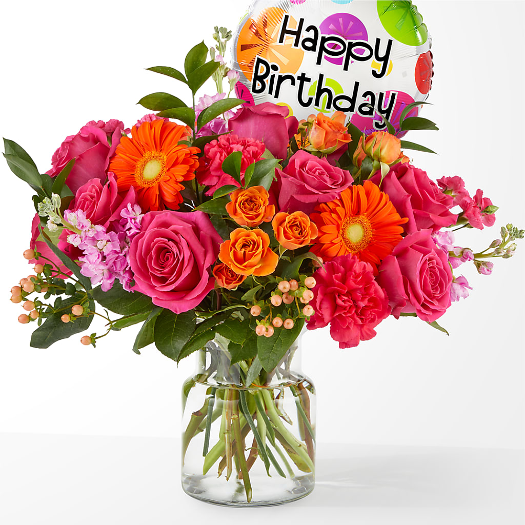 Fiesta Bouquet with Birthday Balloon – Wheeling Flower Shop Inc, Wheeling WV