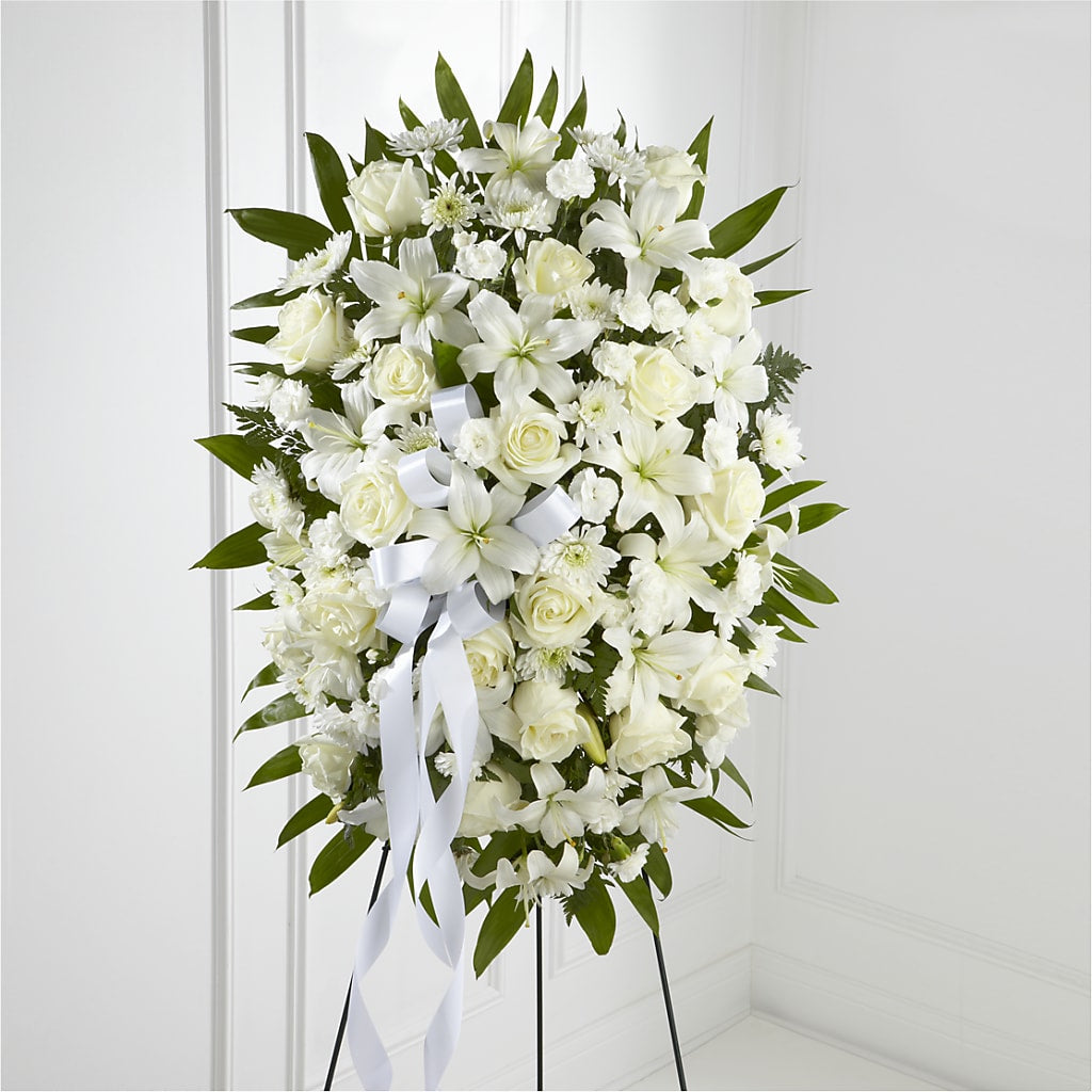 Exquisite Tribute Standing Spray-White Ribbon – Wheeling Flower Shop Inc, Wheeling WV