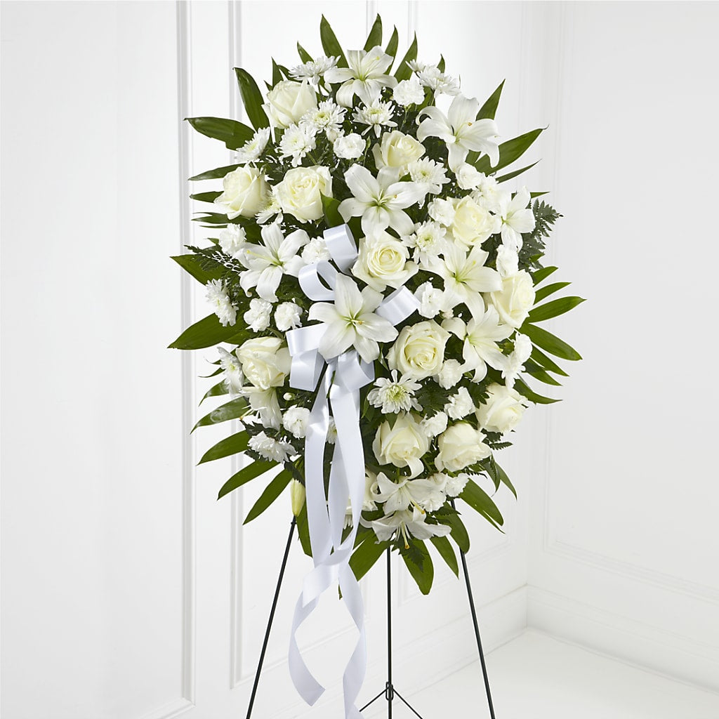 Exquisite Tribute Standing Spray-White Ribbon – Wheeling Flower Shop Inc, Wheeling WV